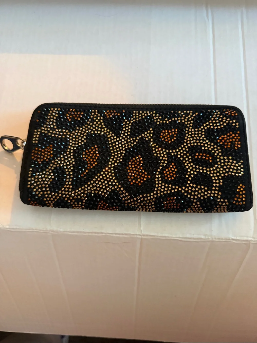 Leopard Crystal Zip-Around Wallet in Black and Brown